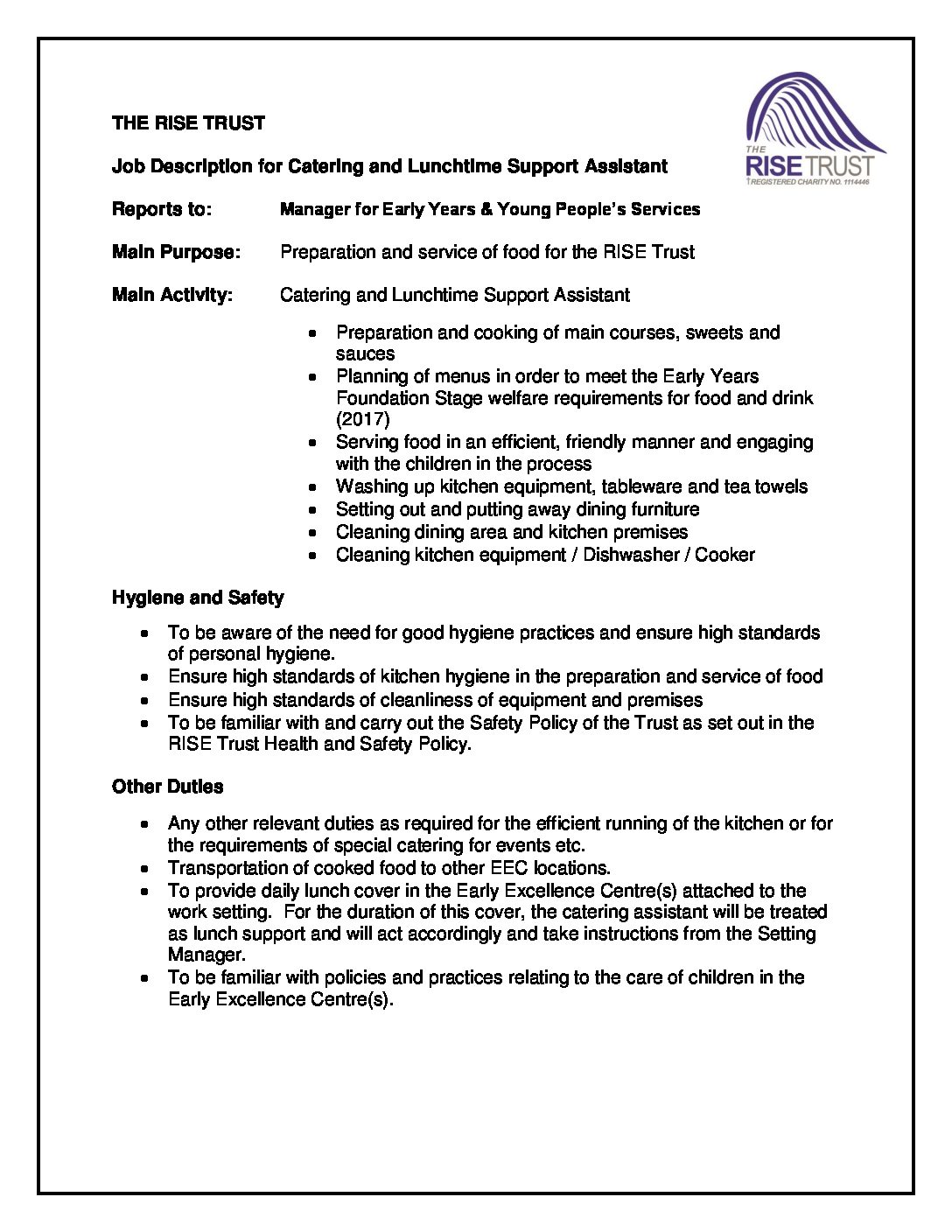 Advert Job Description And Person Spec Catering Assistant The Rise 